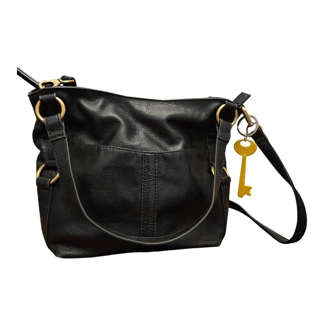 Fossil Black Sam Leather Shopper Crossbody Hobo Bag Brass Hardware Key Charm